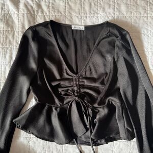 Chic Black Ruched Blouse with Tie Detail